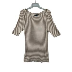 LAUREN RALPH LAUREN Womens Knit Top Large Tan White Striped Cotton Half Sleeve